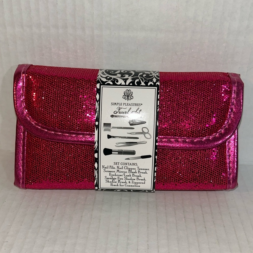 Simple Pleasures Cosmetic Tool Travel Set with Pink Glitter Case NWT